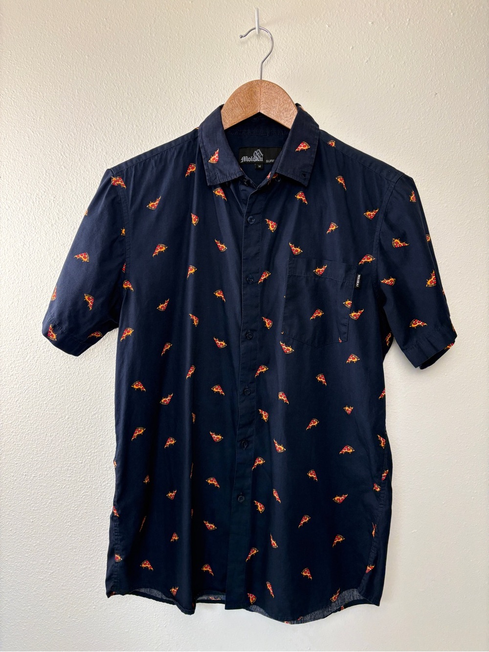 Men's Navy Surf Skate Button Down Pizza Accent 100% Cotton Vacation Shirt School